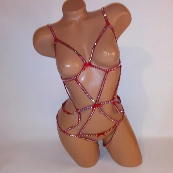 Victoria Secret Lingerie Teddy One Piece XL Red Silver Bling Studded Strappy Ver